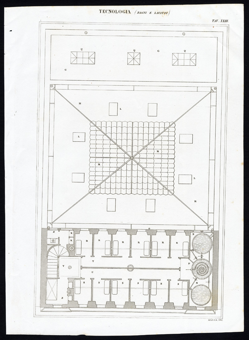 , 5 Antique Prints-TECHNOLOGY-PUBLIC BATH-BATHING-Nuova Enciclopedia-1866, Pictura Antique Prints