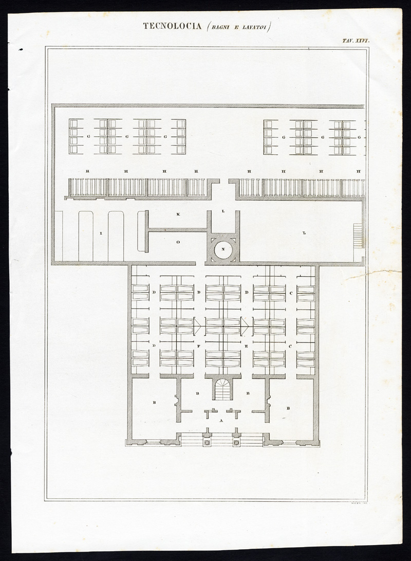 , 5 Antique Prints-TECHNOLOGY-PUBLIC BATH-BATHING-Nuova Enciclopedia-1866, Pictura Antique Prints