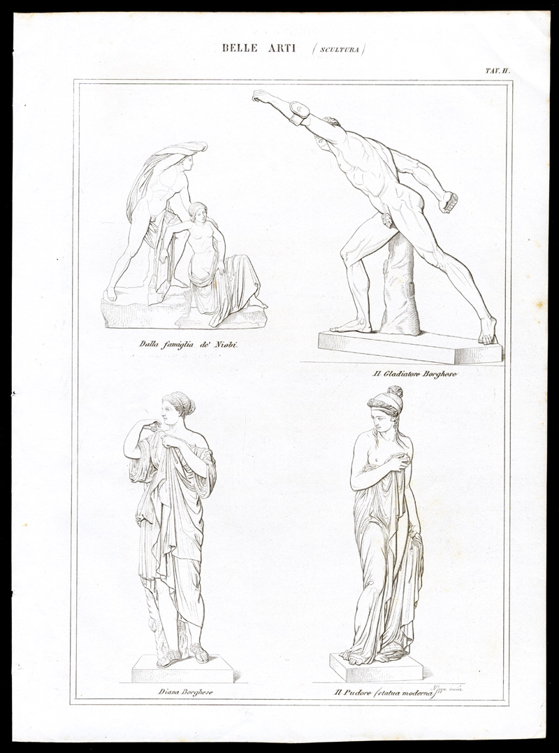 , 2 Antique Prints-FINE ARTS-SCULPTURE-Nuova Enciclopedia-1866, Pictura Antique Prints