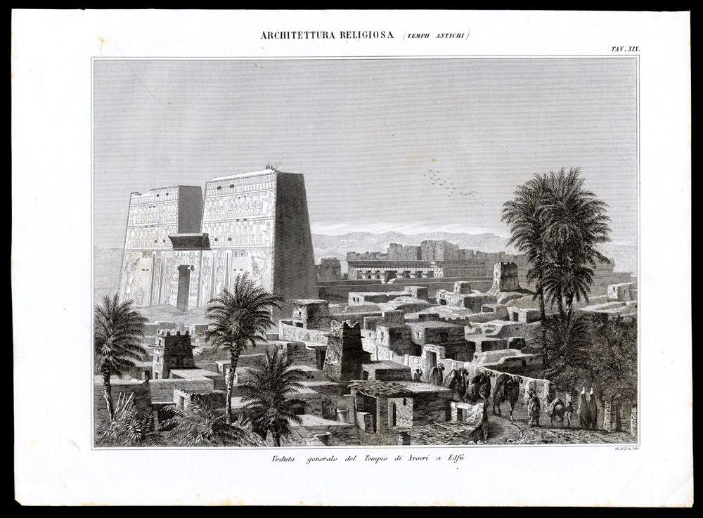 , Antique Print-ARCHITECTURE-EDFU-TEMPLE-EGYPT-CAMEL-Nuova Enciclopedia-1866, Pictura Antique Prints