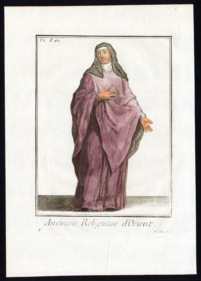 , 3 Antique Religious Prints-RELIGIOUS WOMAN-NUN-ORIENT-EAST-Helyot-1792, Pictura Antique Prints