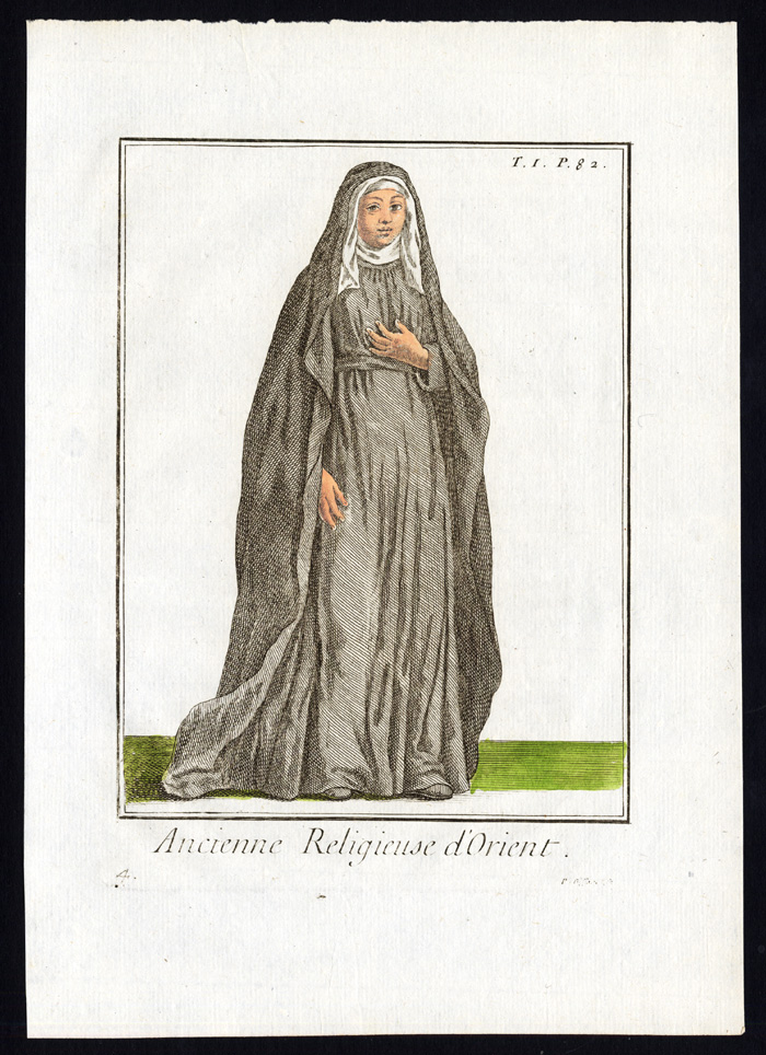 , 3 Antique Religious Prints-RELIGIOUS WOMAN-NUN-ORIENT-EAST-Helyot-1792, Pictura Antique Prints