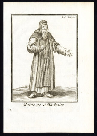 Antique Religious Print-SAINT MACHAR MONK-SCOTLAND-CHURCH-Helyot-1792