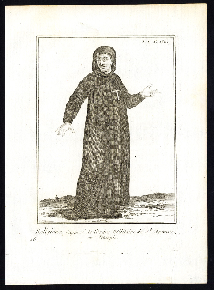 , 3 Antique Religious Prints-ORDER OF ST. ANTHONY-ETHIOPIA-KNIGHT-NUN-Helyot-1792, Pictura Antique Prints