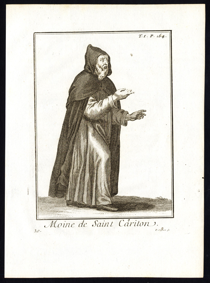 , Antique Religious Print-SAINT CARITON-MONK-Helyot-1792, Pictura Antique Prints