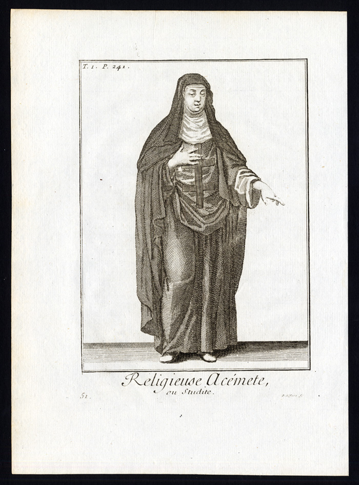 , 2 Antique Religious Prints-STUDITE MONK-STOUDIOS-NUN-GREECE-TURKEY-Helyot-1792, Pictura Antique Prints