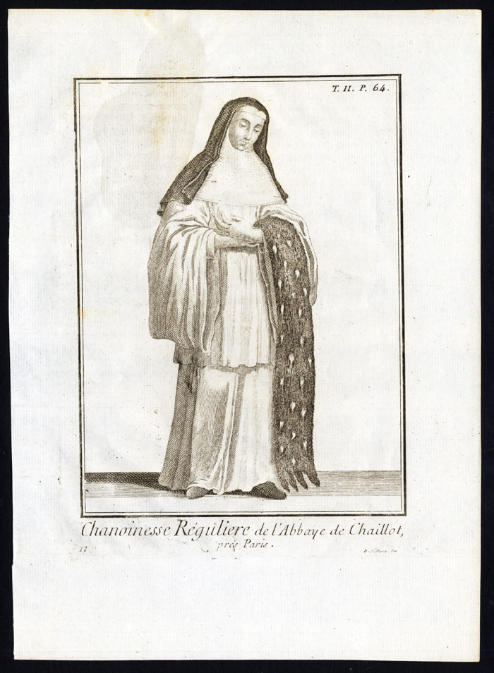 , Antique Religious Print-CANON REGULAR OF THE CHAILLOT ABBEY-PARIS-Helyot-1792, Pictura Antique Prints