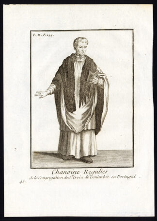 Antique Religious Print-CANON REGULAR-HOLY CROSS OF COIMBRA-PORTUGAL-Helyot-1792