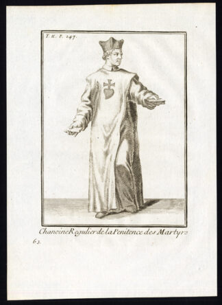 2 Antique Religious Prints-CANON REGULAR-PENITENCE OF THE MARTYRS-Helyot-1792