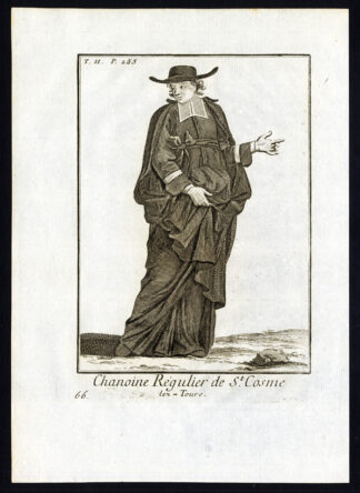 Antique Religious Print-CANON REGULAR-SAINT COSME-TOURS-FRANCE-Helyot-1792