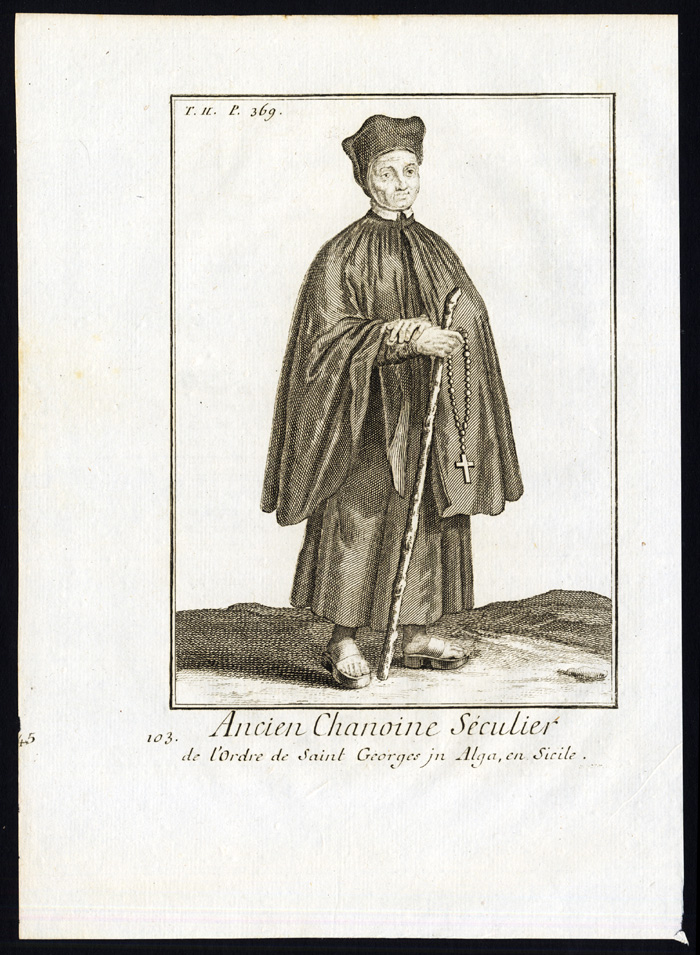 , 2 Antique Religious Prints-CANON SECULAR-CONGREGATION-ST GEORGE-ALGA-Helyot-1792, Pictura Antique Prints