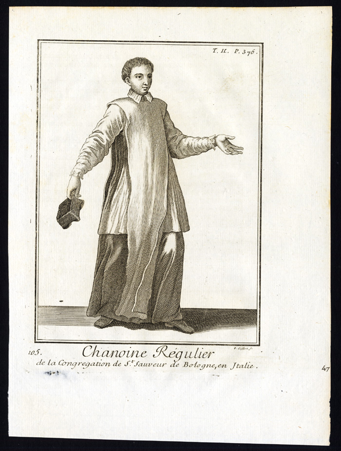 , Antique Religious Print-CANON REGULAR-HOLY SAVIOUR OF BOLOGNA-ITALY-Helyot-1792, Pictura Antique Prints