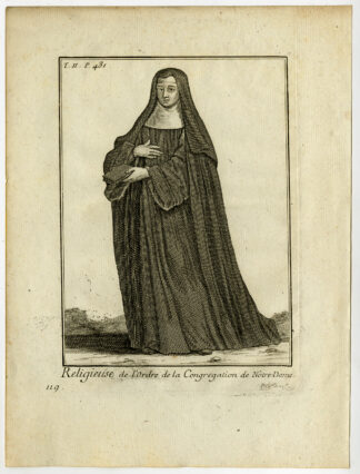 Antique Religious Print-NUN-CONGREGATION OF THE NOTRE DAME-OUR LADY-Helyot-1792