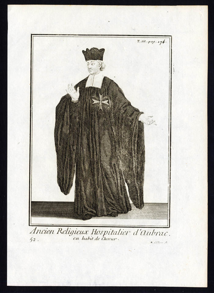 , 3 Antique Religious PrintS-KNIGHTS HOSPITALLER-ORDER-AUBRAC-FRANCE-Helyot-1792, Pictura Antique Prints