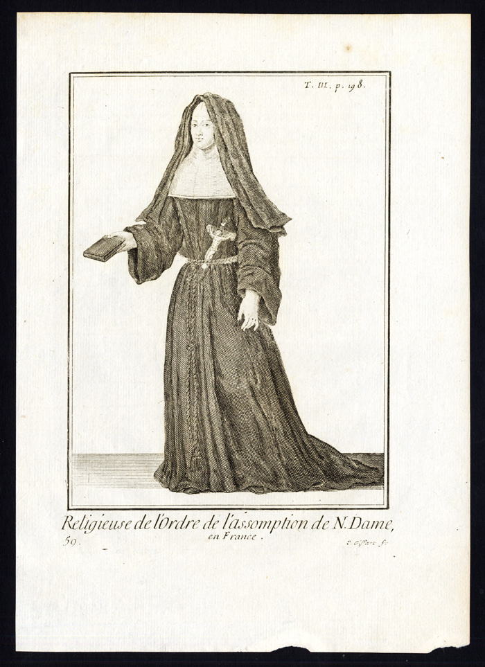 , 2 Antique Religious Prints-ASSOMPTION DE NOTRE DAME-ORDER-NUN-FRANCE-Helyot-1792, Pictura Antique Prints