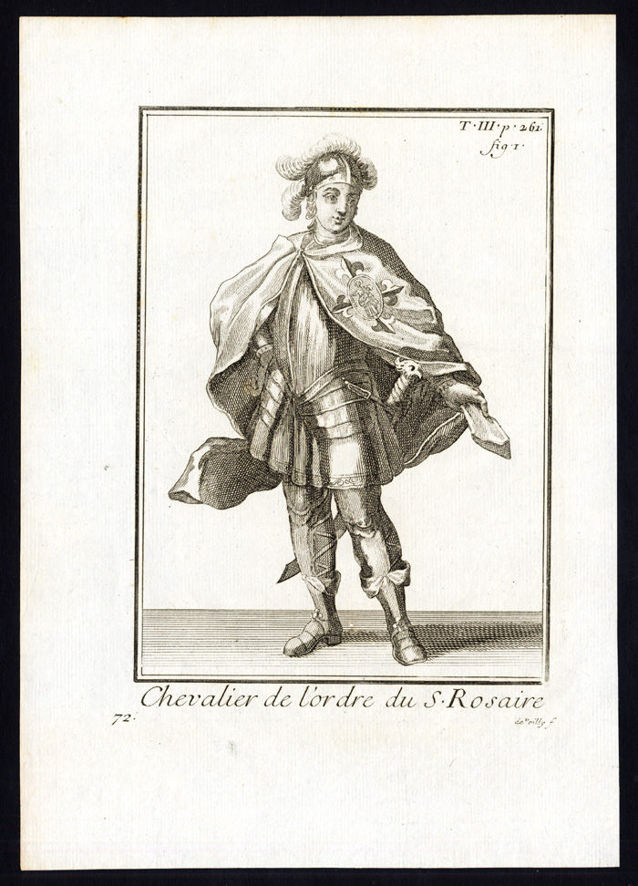 , Antique Religious Print-ORDER OF THE HOLY ROSARY-KNIGHT-Helyot-1792, Pictura Antique Prints