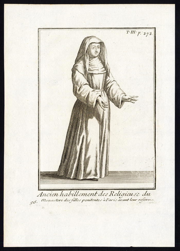 , 4 Antique Religious Prints-ORDRE DE LA PENITENCE DE MADELEINE-Helyot-1792, Pictura Antique Prints