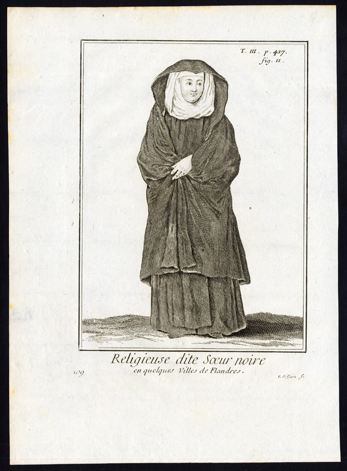 , 2 Antique Religious Prints-NUN-BLACK SISTER-FLANDERS-BELGIUM-Helyot-1792, Pictura Antique Prints
