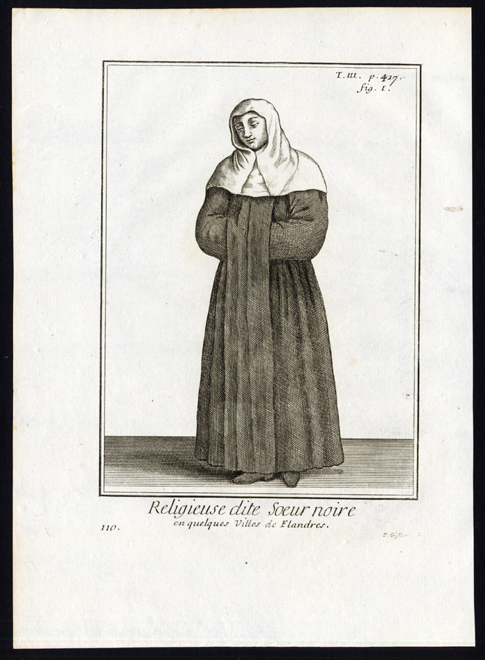 , 2 Antique Religious Prints-NUN-BLACK SISTER-FLANDERS-BELGIUM-Helyot-1792, Pictura Antique Prints