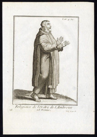 4 Antique Religious Prints-ORDER OF SAINT AMBROSE-AMBROSIANS-Helyot-1792