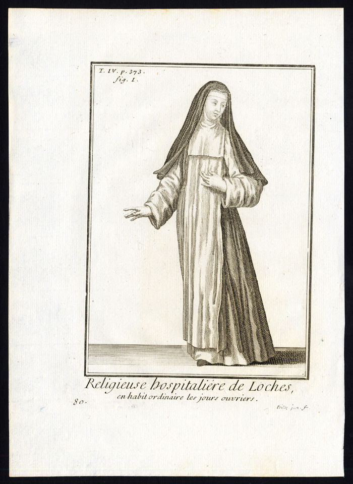 , 4 Antique Religious Prints-NUN-HOSPITALLER-LOCHES-FRANCE-Helyot-1792, Pictura Antique Prints