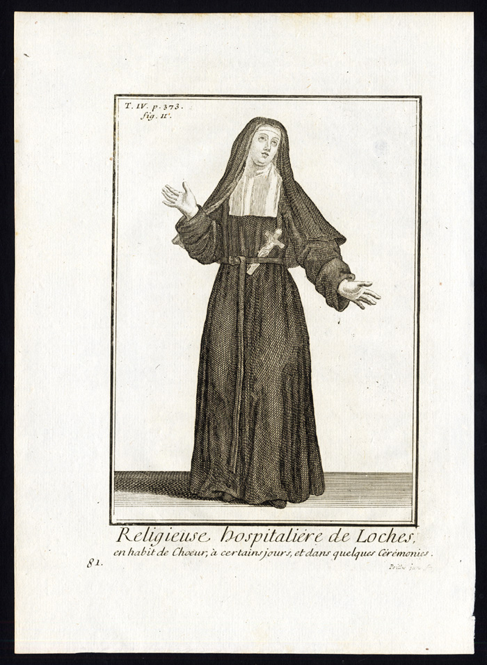 , 4 Antique Religious Prints-NUN-HOSPITALLER-LOCHES-FRANCE-Helyot-1792, Pictura Antique Prints
