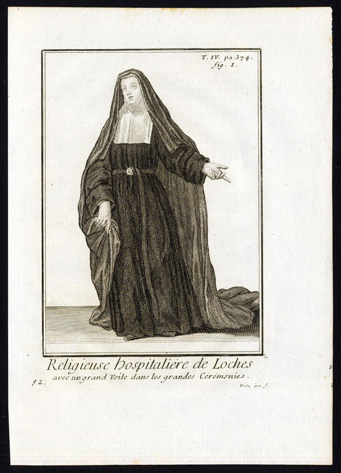 , 4 Antique Religious Prints-NUN-HOSPITALLER-LOCHES-FRANCE-Helyot-1792, Pictura Antique Prints