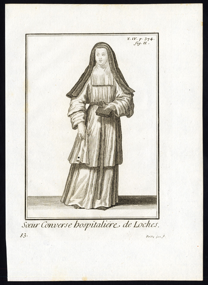 , 4 Antique Religious Prints-NUN-HOSPITALLER-LOCHES-FRANCE-Helyot-1792, Pictura Antique Prints