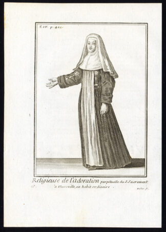 2 Antique Religious Prints-PERPETUAL ADORERS-BLESSED SACRAMENT-NUN-Helyot-1792