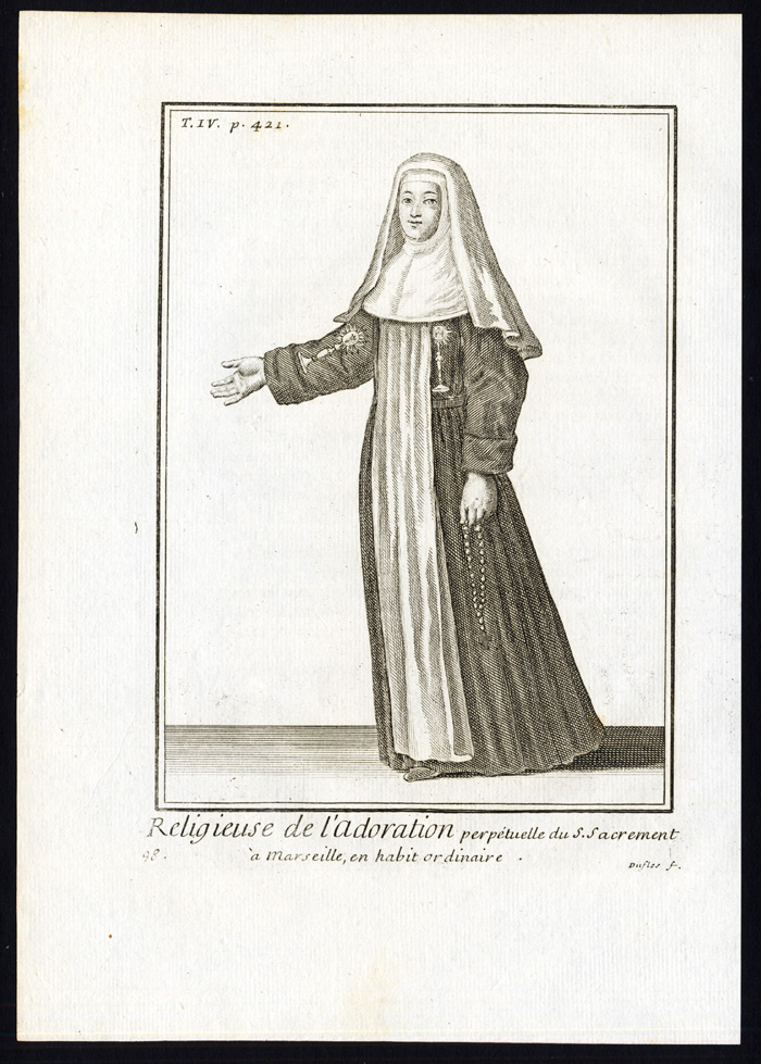 , 2 Antique Religious Prints-PERPETUAL ADORERS-BLESSED SACRAMENT-NUN-Helyot-1792, Pictura Antique Prints