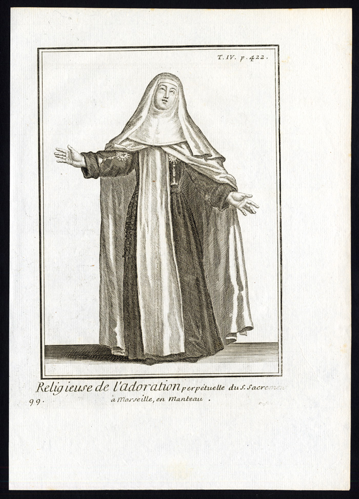 , 2 Antique Religious Prints-PERPETUAL ADORERS-BLESSED SACRAMENT-NUN-Helyot-1792, Pictura Antique Prints