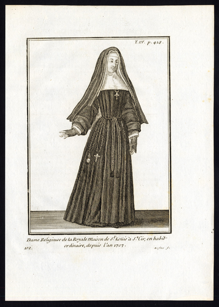 , 8 Antique Religious Prints-MAISON ROYALE DE SAINT LOUIS-NUN-FRANCE-Helyot-1792, Pictura Antique Prints