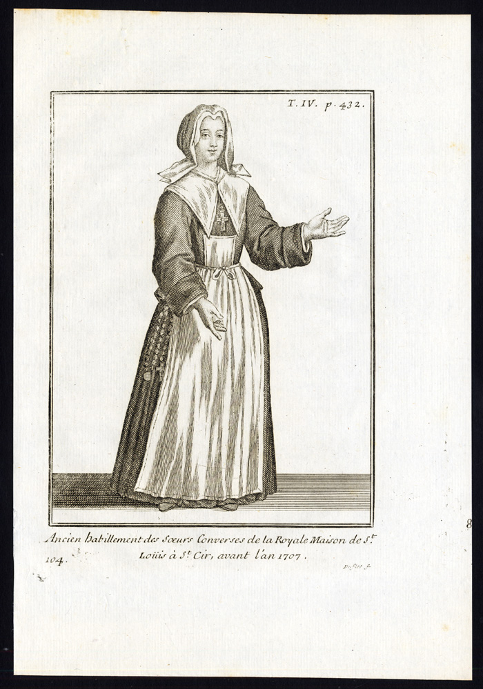 , 8 Antique Religious Prints-MAISON ROYALE DE SAINT LOUIS-NUN-FRANCE-Helyot-1792, Pictura Antique Prints