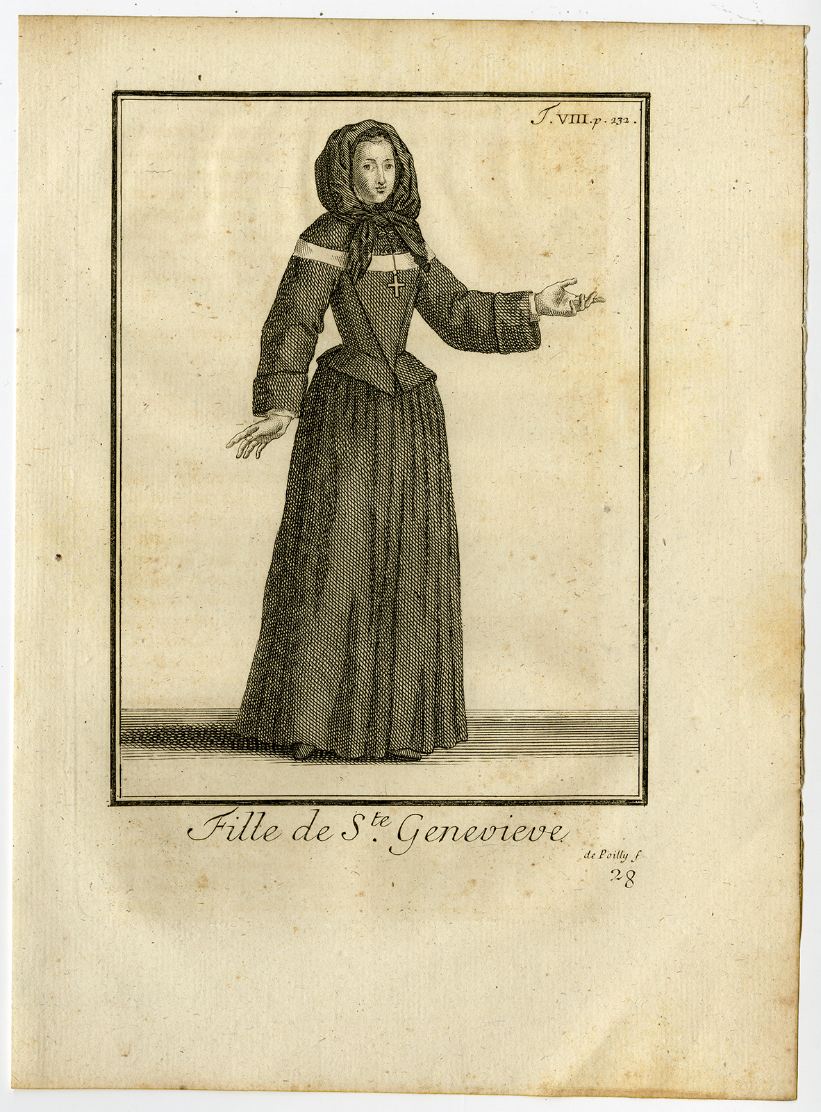 , Antique Religious Print-NUN OF THE ABBEY OF ST GENEVIEVE-PARIS-Helyot-1792, Pictura Antique Prints