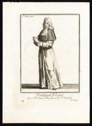 Antique Religious Print-PENITENT-ST THOMAS OF AQUIN-SAINT BARBARA-Helyot-1792