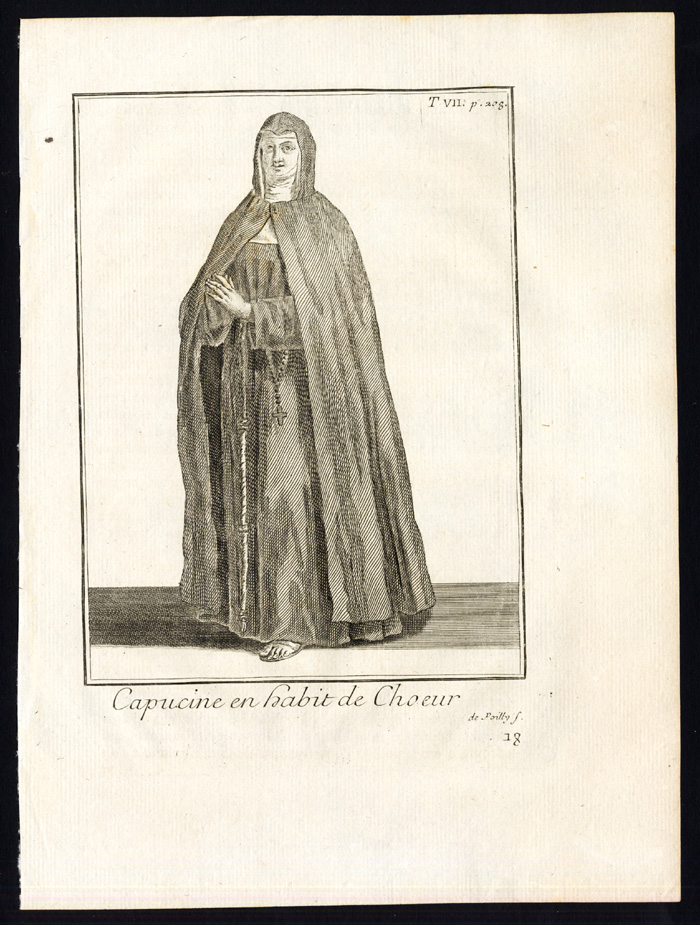 , 2 Antique Religious Prints-CAPUCHIN NUN-FRANCISCANS-Helyot-1792, Pictura Antique Prints