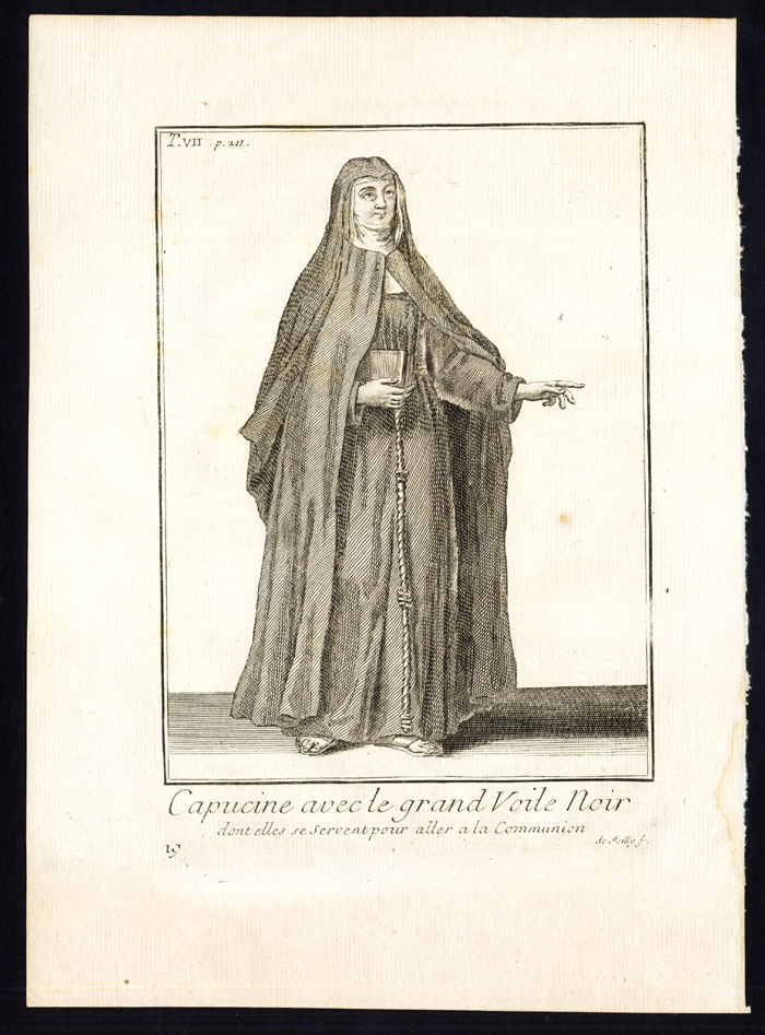 , 2 Antique Religious Prints-CAPUCHIN NUN-FRANCISCANS-Helyot-1792, Pictura Antique Prints