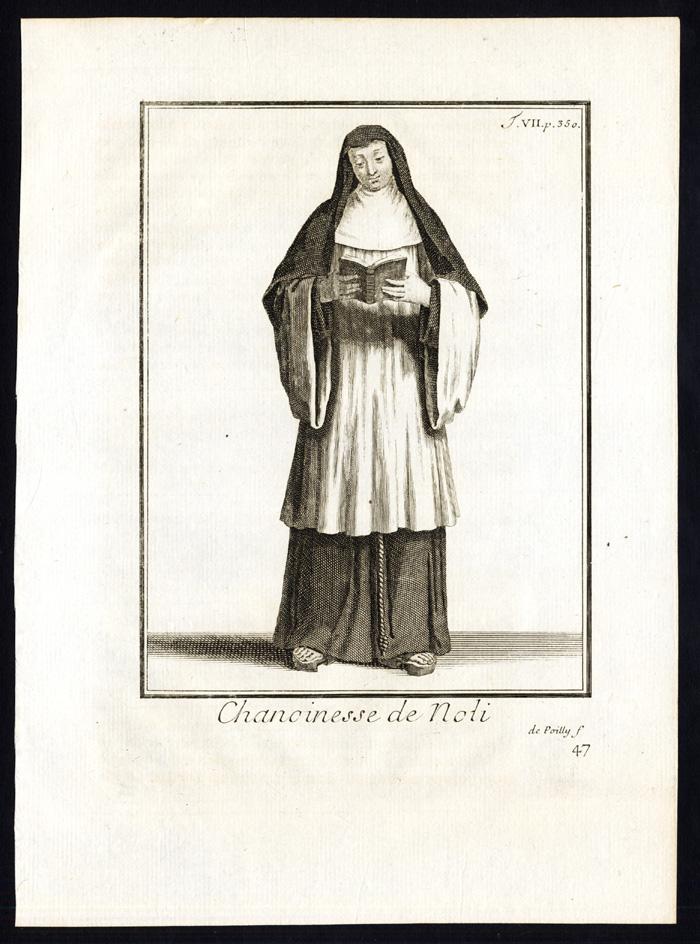 , 2 Antique Religious Prints-CANON-CHANOINESSE DE NOLI-ITALY-NUN-Helyot-1792, Pictura Antique Prints