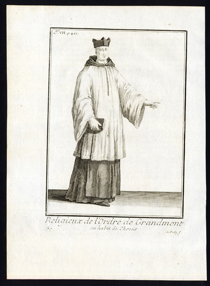 , 4 Antique Religious Prints-ORDER OF GRANDMONT-GRANDMONTINES-FRANCE-Helyot-1792, Pictura Antique Prints