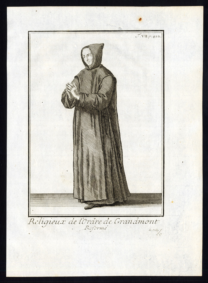 , 4 Antique Religious Prints-ORDER OF GRANDMONT-GRANDMONTINES-FRANCE-Helyot-1792, Pictura Antique Prints