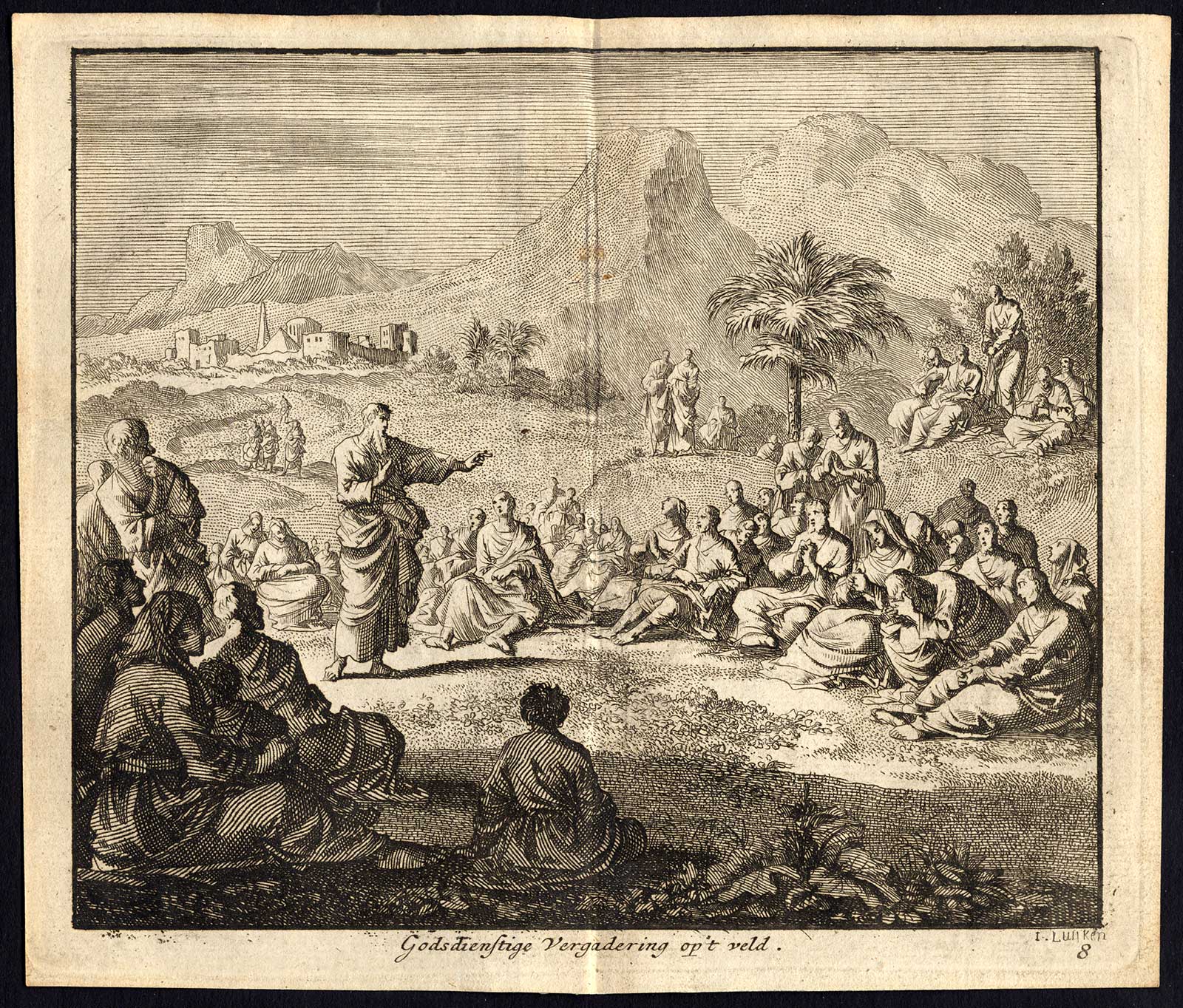 Jb338 416x355 Antique Print-ORATION-RELIGION-FIELD-GATHERING-CONGREGATION-Pl. 8-Luyken-1740