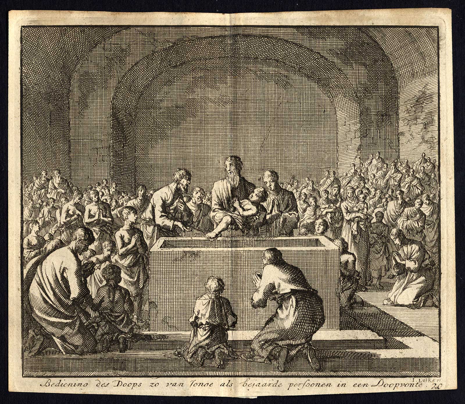 , Antique Print-BAPTISM-CHILD-FONT-OLD-SUBMERSE-Pl. 20-Luyken-1740, Pictura Antique Prints