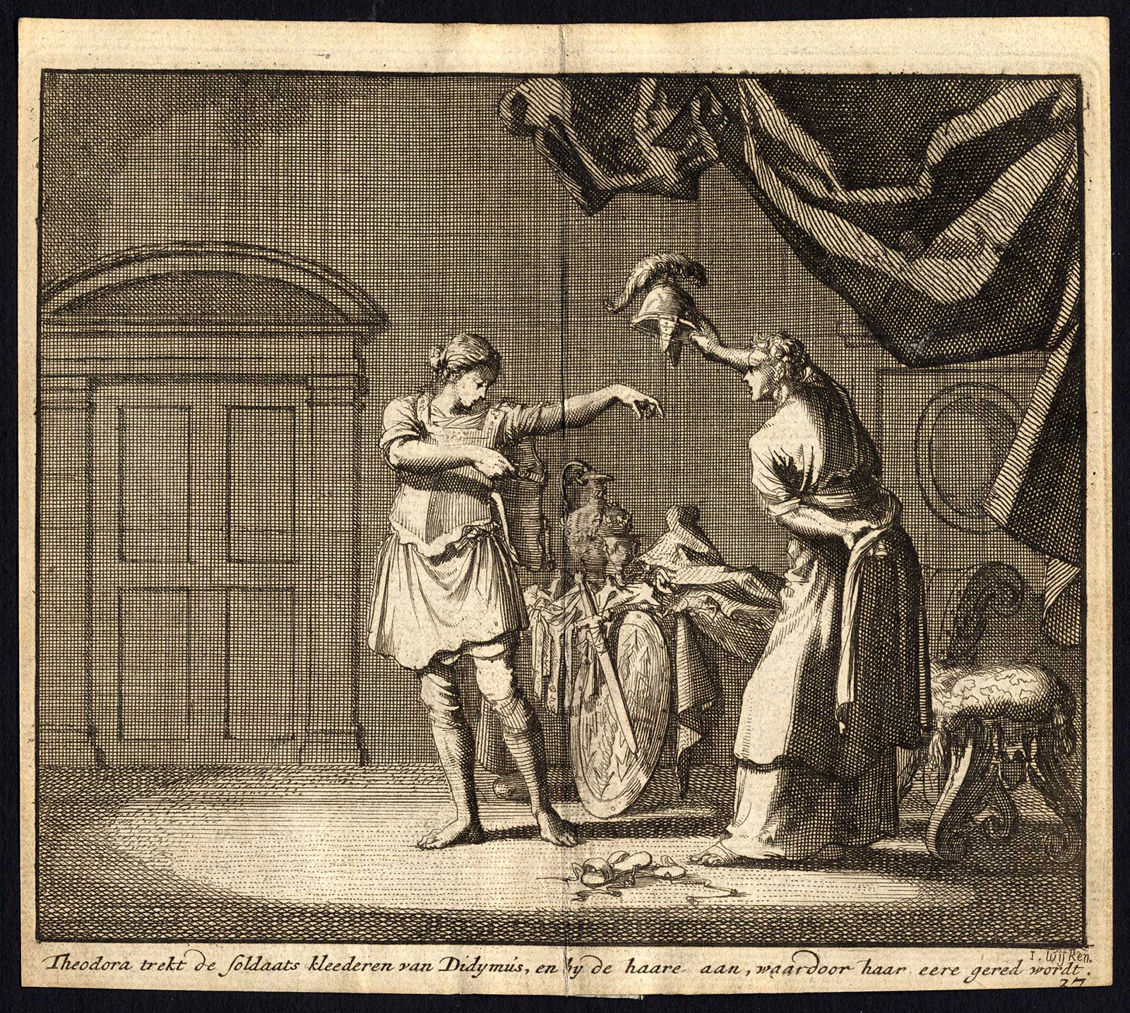 , Antique Print-THEODORA-DIDYMUS-EXCHANGE CLOTHES-BROTHEL-Pl. 37-Luyken-1740, Pictura Antique Prints