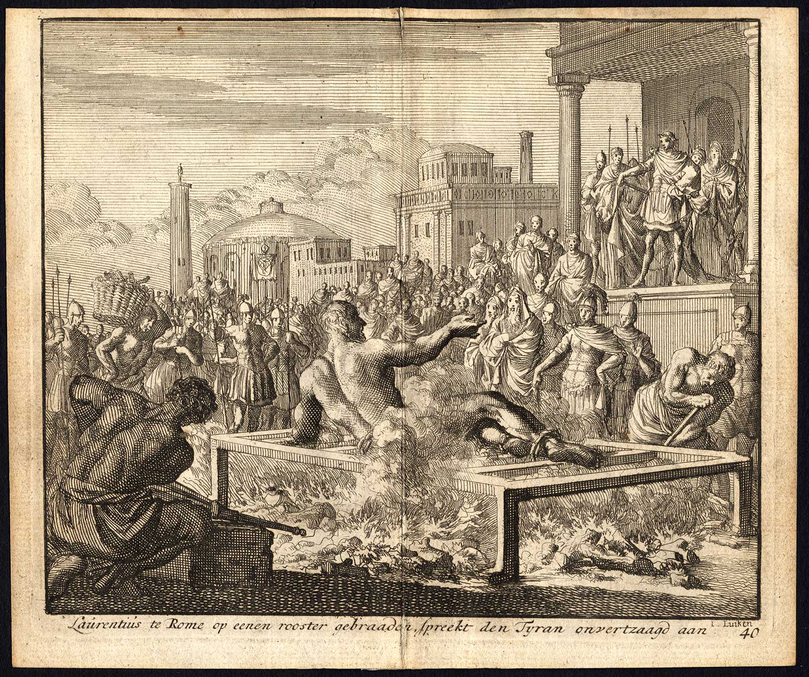, Antique Print-ROME-LAWRENCE-ADRESS-EMPEROR-BURNING-Pl. 40-Luyken-1740, Pictura Antique Prints