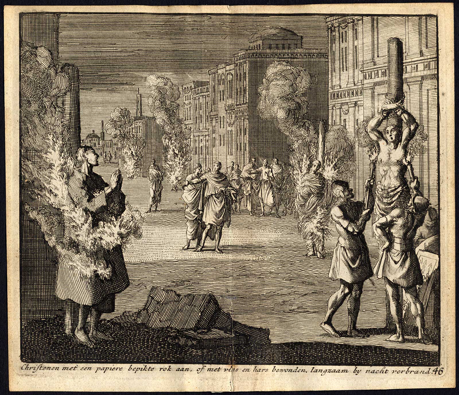 , Antique Print-BURNING-RESIN-CHRISTIAN-SENTENCE-Pl. 46-Luyken-1740, Pictura Antique Prints
