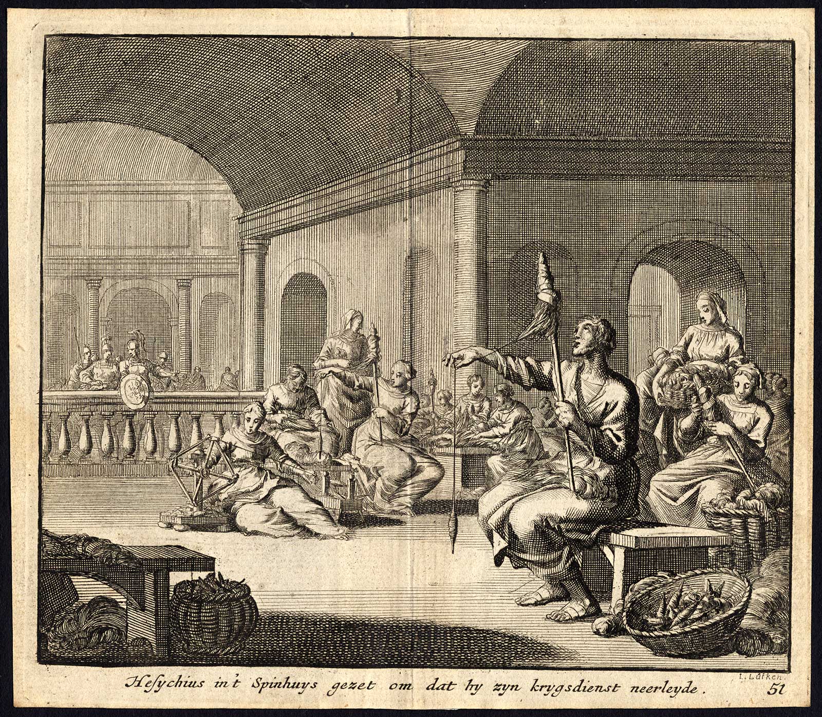 , Antique Print-HESYCHIUS-CAPTURE-MILITARY-Pl. 51-Luyken-1740, Pictura Antique Prints