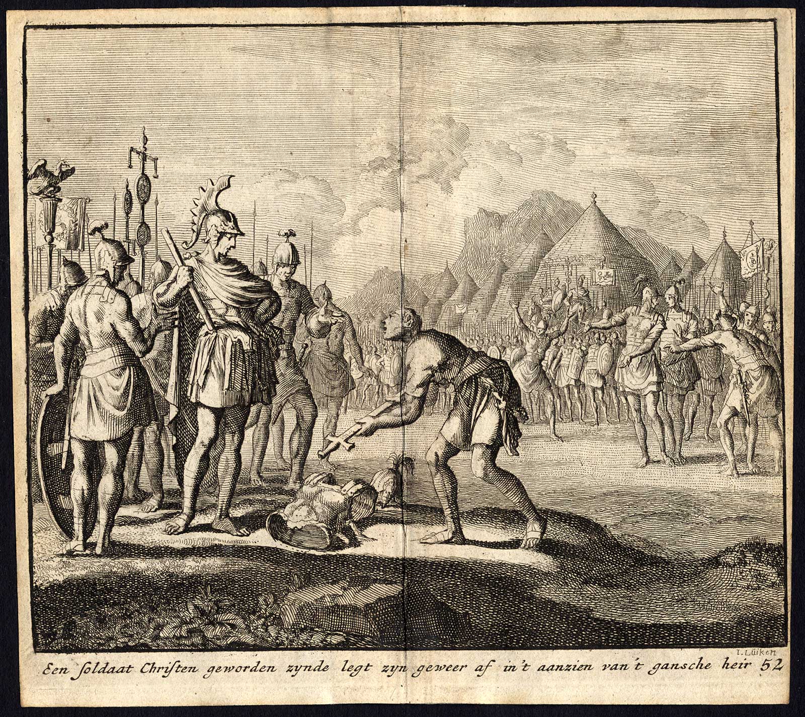 , Antique Print-SOLDIER-LAY DOWN ARMS-CHRISTIAN-CONVERSION-Pl. 52-Luyken-1740, Pictura Antique Prints