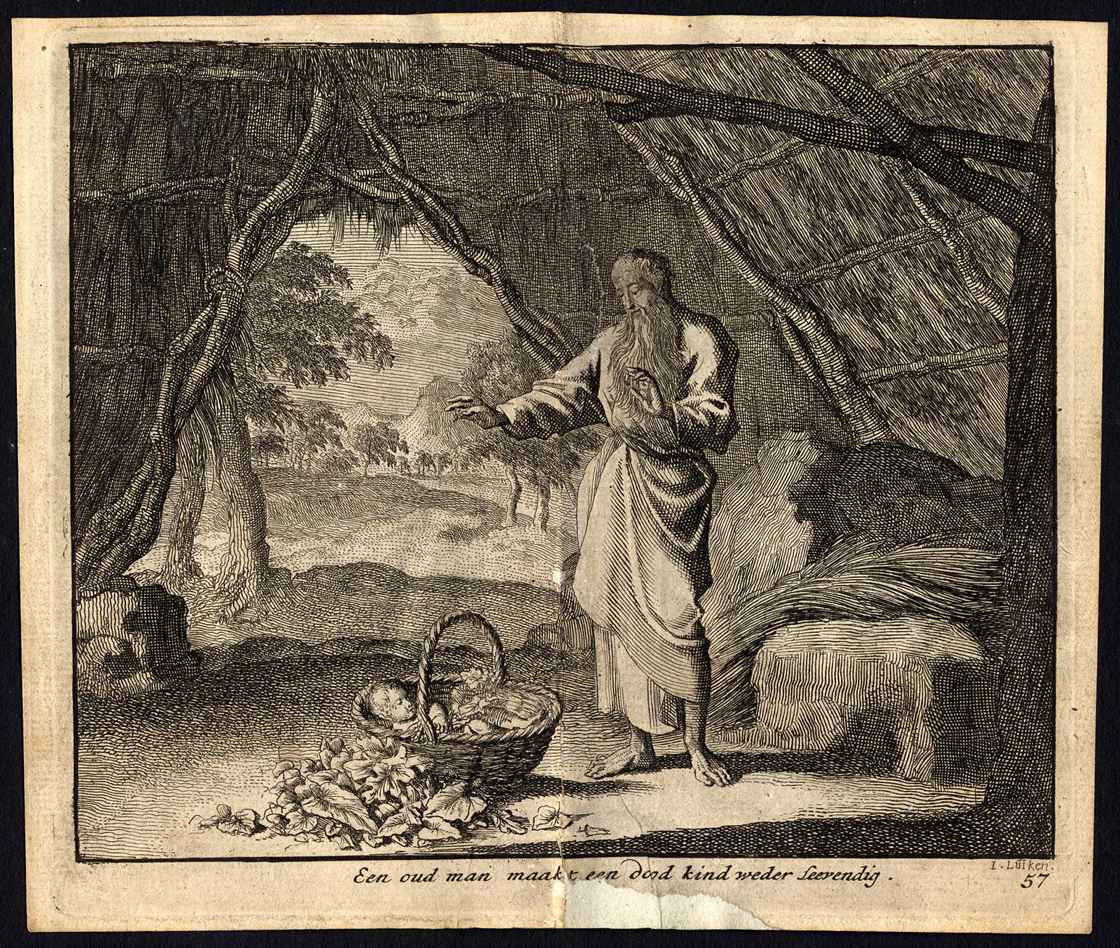 , Antique Print-REVIVAL-CHILD-DEATH-LIFE-Pl. 57-Luyken-1740, Pictura Antique Prints
