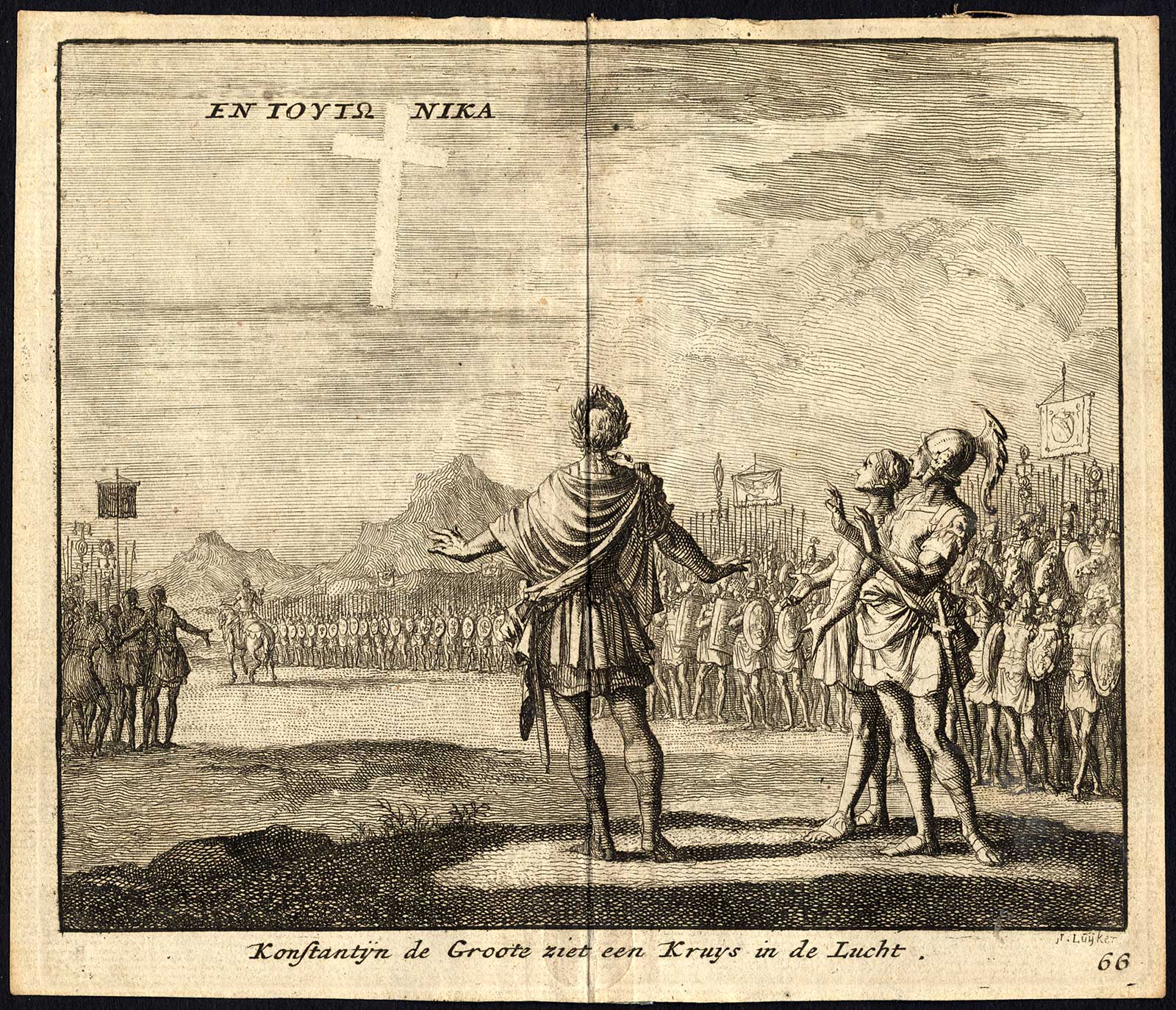 , Antique Print-CONSTANTINE-GREAT-BURNING-CROSS-ARMY-Pl. 66-Luyken-1740, Pictura Antique Prints