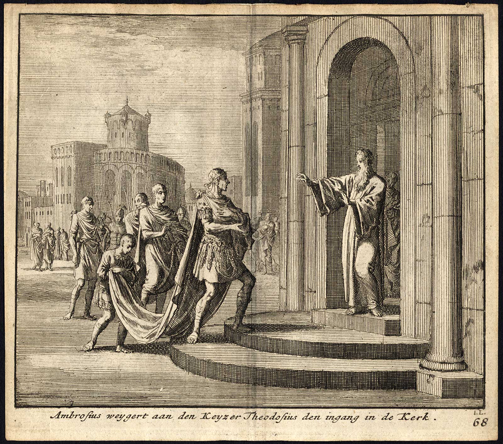 , Antique Print-THEODOSIUS-REFUSAL-ENTRANCE-CHURCH-AMBROSIUS-Pl. 68-Luyken-1740, Pictura Antique Prints